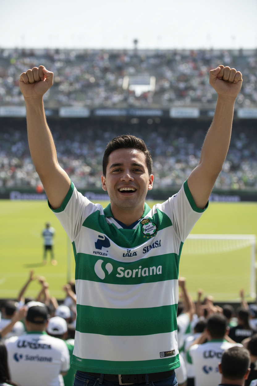 A soccer player in a green and white striped Sporting CP jersey celebrates with raised fists on a stadium field, with teammates and a packed stadium in the background.