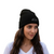 Black embroidered beanie with stitched logo patch, one size