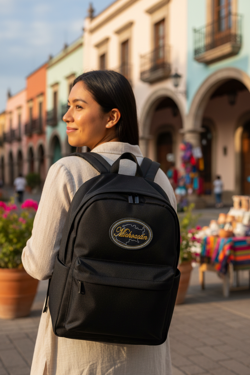 An oval-shaped black PU leather patch with 'Michoacán' embroidered in gold along with a snake skin design detail, attached with a velcro backing.