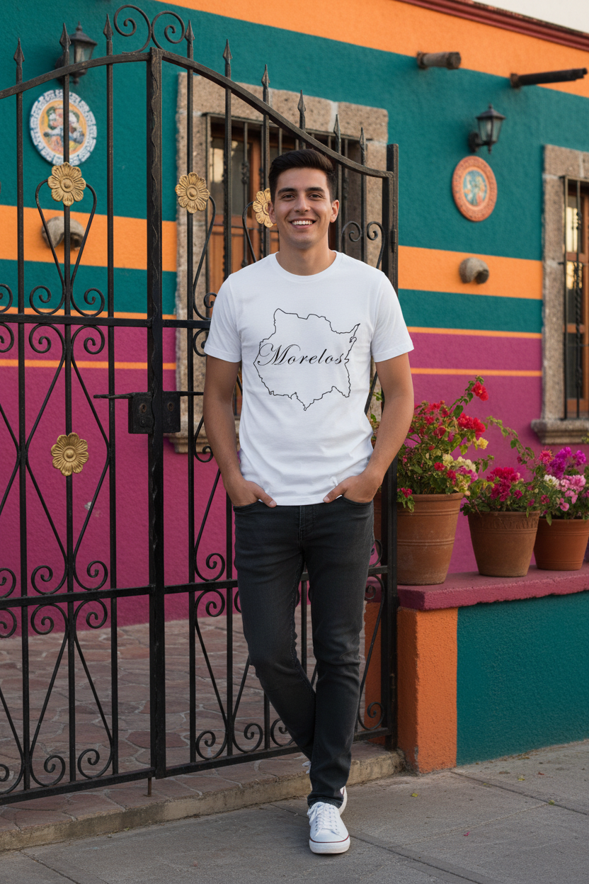 A person wearing a white, short-sleeved crew neck t-shirt with the text 'Morelos' printed in a stylized font.