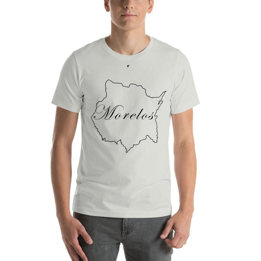 Heather gray T-shirt with Morelos map graphic on chest, crew neck