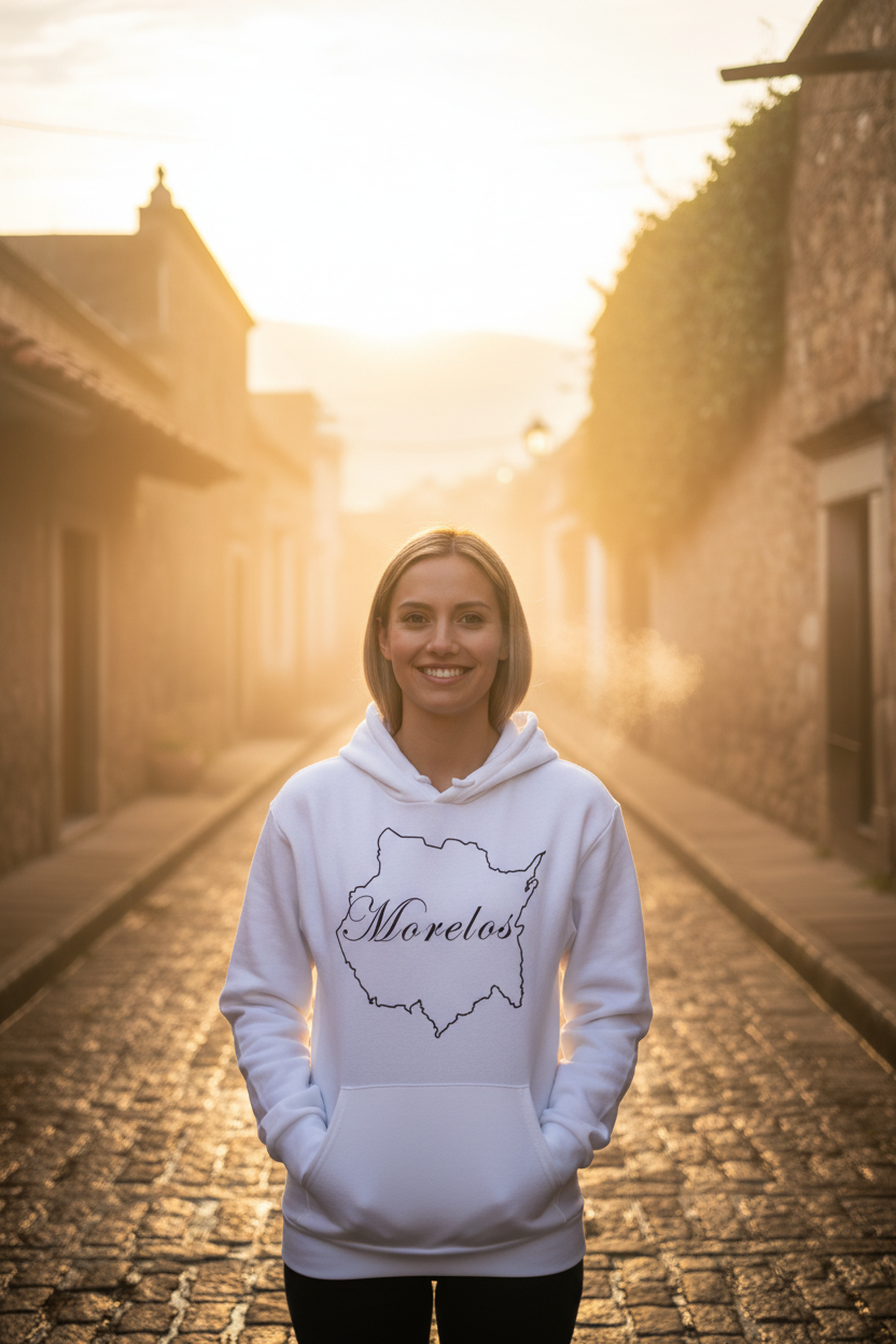 A woman wearing a white hoodie with the text 'Morelos' printed on the front.