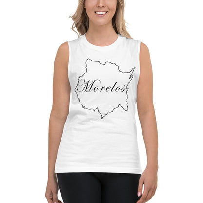 A woman wearing a white muscle tank top with the text 'Morelos' printed on the front.