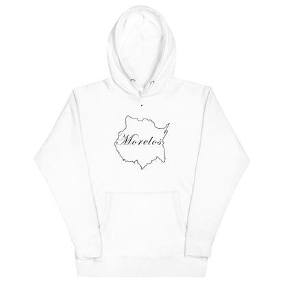 A white Morelos unisex premium hoodie with a hood and front pouch pocket, featuring a Morelos design on the front.