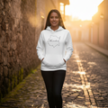 A white Morelos unisex premium hoodie with a hood and front pouch pocket, featuring a Morelos design on the front.