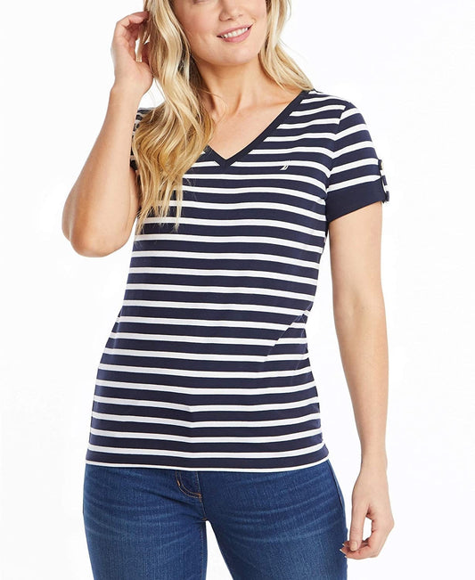 Nautica Women's Easy Comfort V Neck Striped Supersoft Stretch Cotton T Shirt