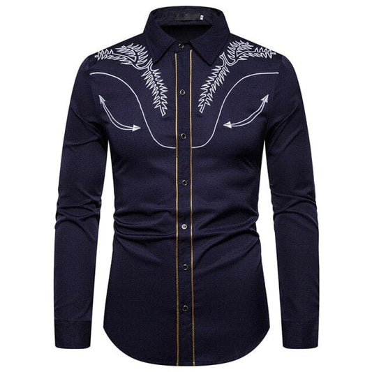 Men's western cowboy shirt, navy with white arrow embroidery and gold button placket