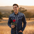 Men's long sleeve slim fit cowboy shirt with white embroidery on the chest area, button down collar, and button front closure.