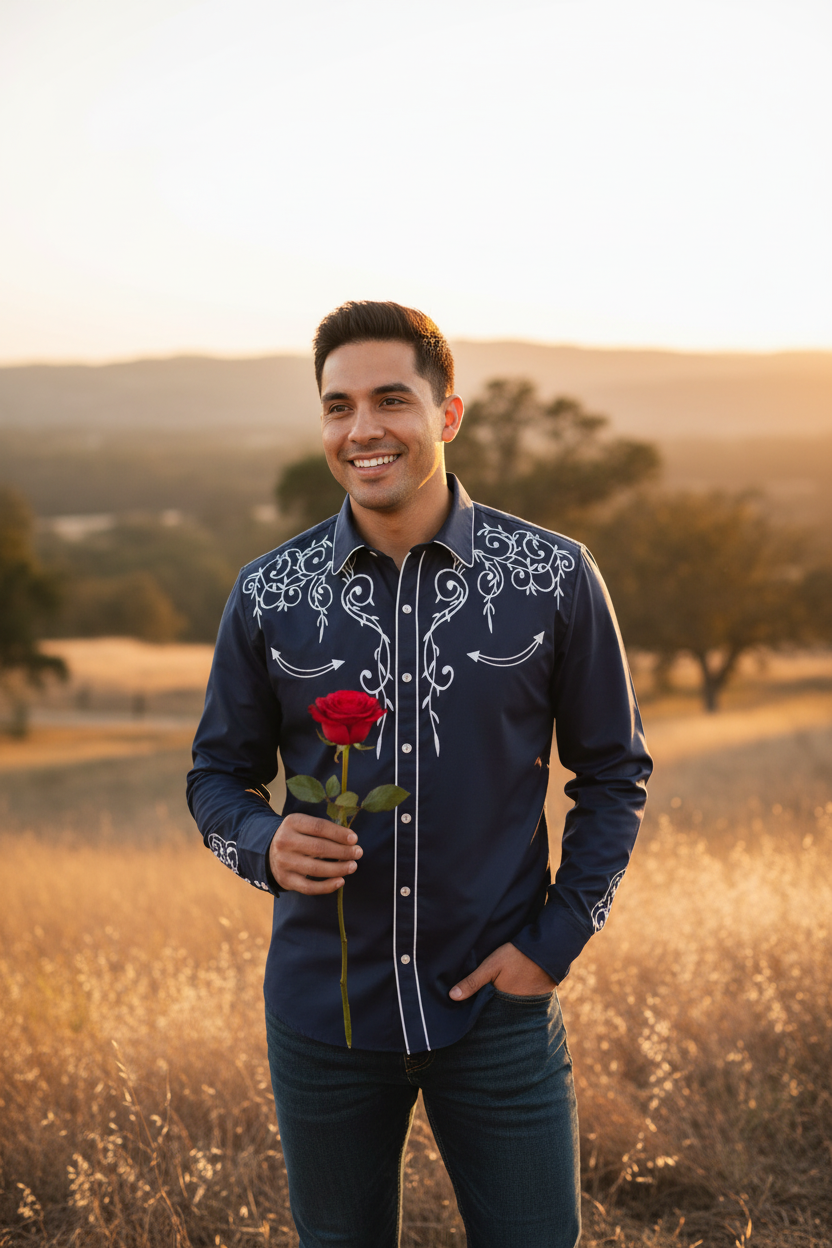 Men's long sleeve slim fit cowboy shirt with white embroidery on the chest area, button down collar, and button front closure.