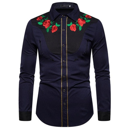 Camisa vaquera occidental para hombre 2021, camisa abotonada con bordado floral rosa a la moda, camisas de vestir de manga larga ajustadas para hombre, Camisa XXL