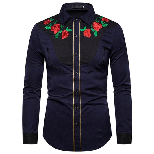 Western Cowboy Shirt Men 2021 Fashion Rose Floral Embroidery Button Up Shirt Mens Slim Fit Long Sleeve Dress Shirts Camisa XXL