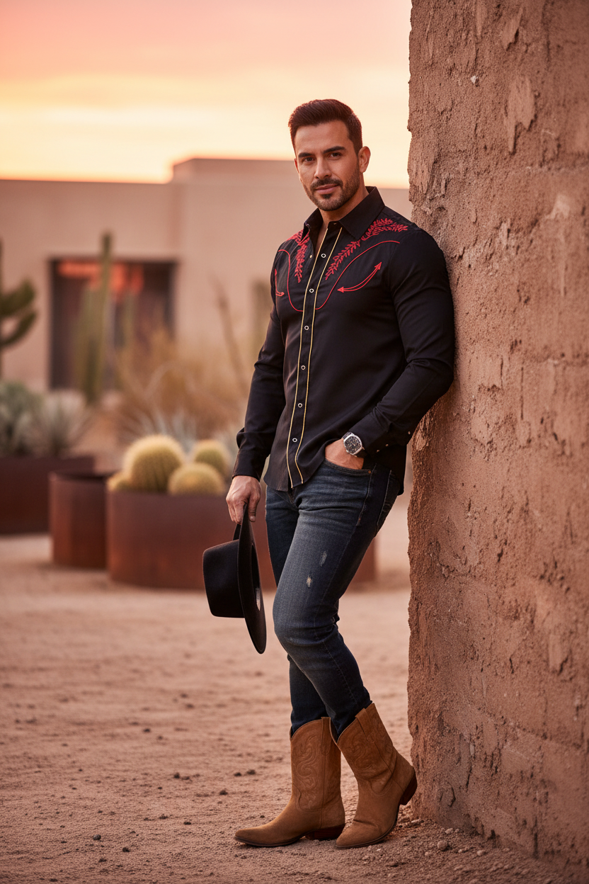 Black western cowboy shirt with red embroidered yoke and long sleeves