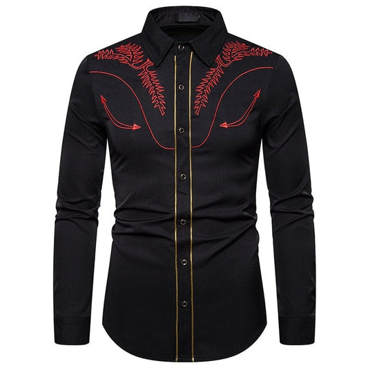 Men's Slim Fit Western Cowboy Shirt with Black Embroidery – Casual Long Sleeve Dress Shirt for Weddings & Tuxedos