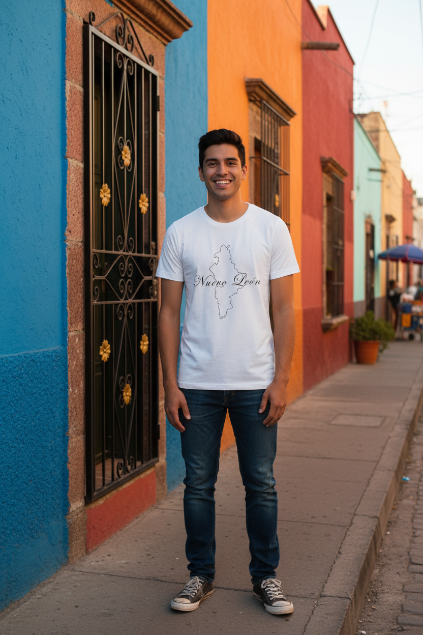 A person wearing a white short-sleeved t-shirt with the text 'Nuevo León' printed on the front.