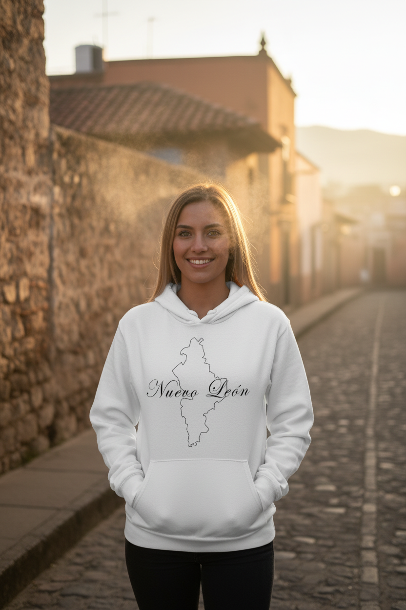 A woman wearing a white unisex hoodie with 'Nuevo Leon' text and a map silhouette on the front.