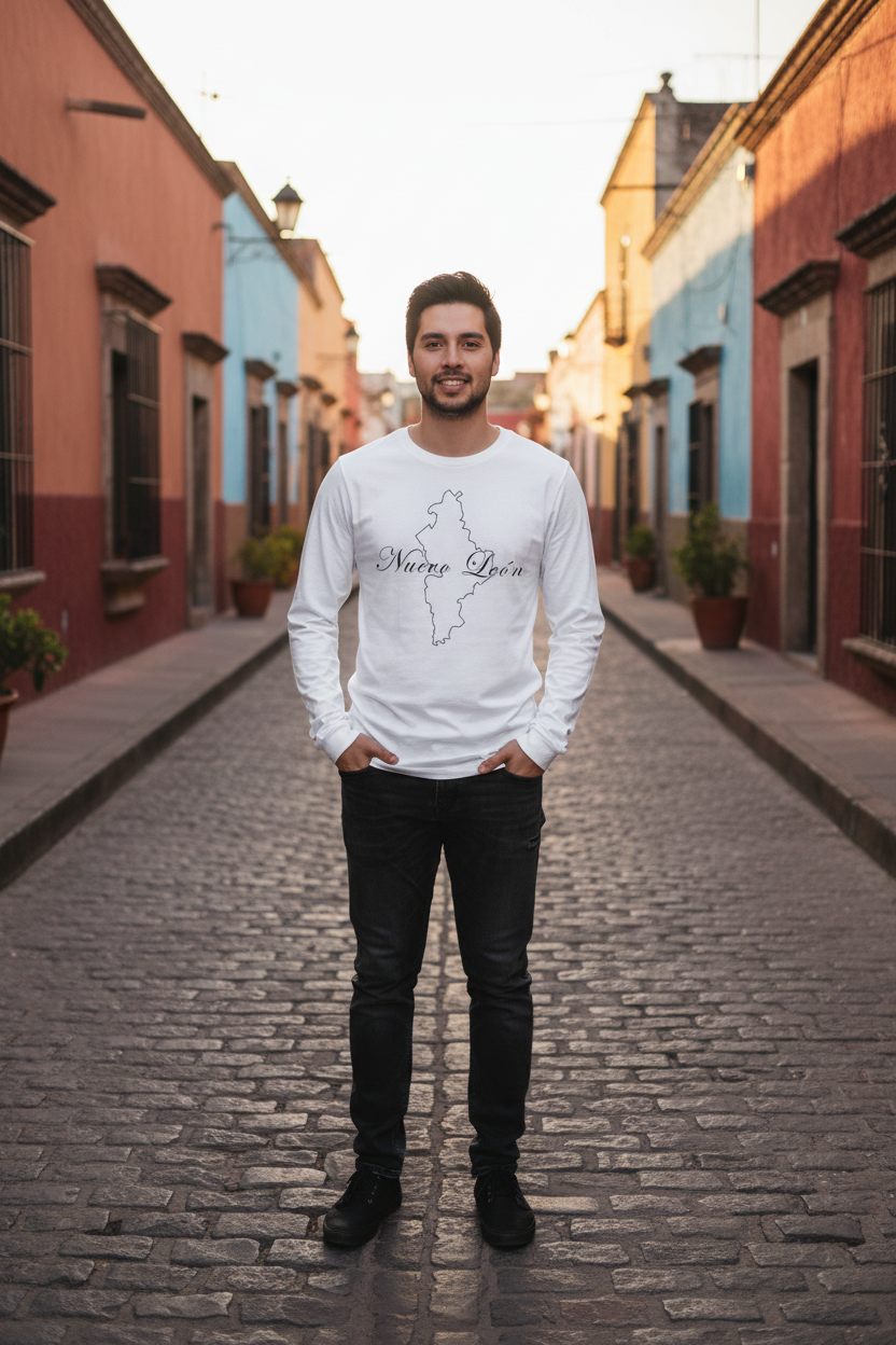 A man stands on a cobblestone street wearing a white long-sleeve crewneck sweatshirt with a black outline map graphic and the text 'Norte deñ' across the chest, paired with black jeans and black boots.