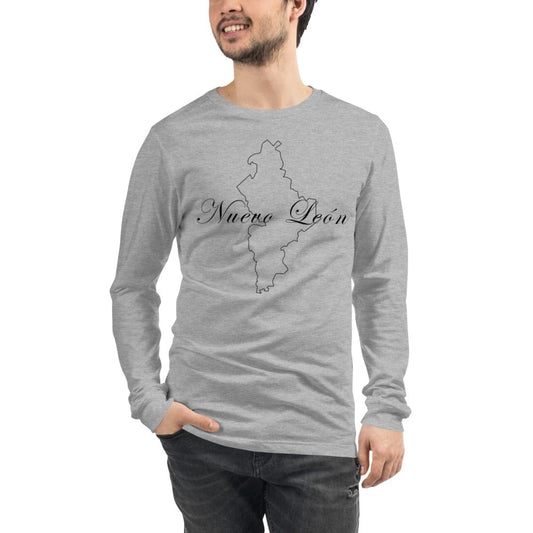 Athletic heather unisex long sleeve T-shirt with Nuevo Leon map graphic and logo text