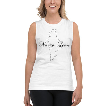 A woman wearing a white muscle shirt with 'Nuevo León' text and a shape depicting a map outline.