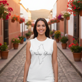 A woman wearing a white muscle shirt with 'Nuevo León' text and a shape depicting a map outline.