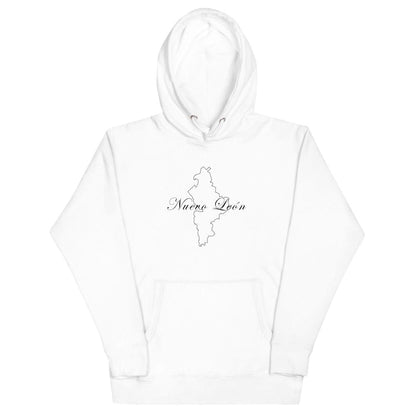 A white unisex premium hoodie with a hood and a front pouch pocket, featuring the text 'Nueva León' on the front.