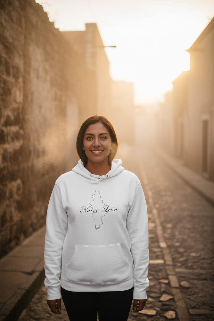 A woman stands on a sunlit cobblestone street wearing a white hoodie with a black outline map graphic and the words 'Marea Loca' across the chest, paired with black pants.
