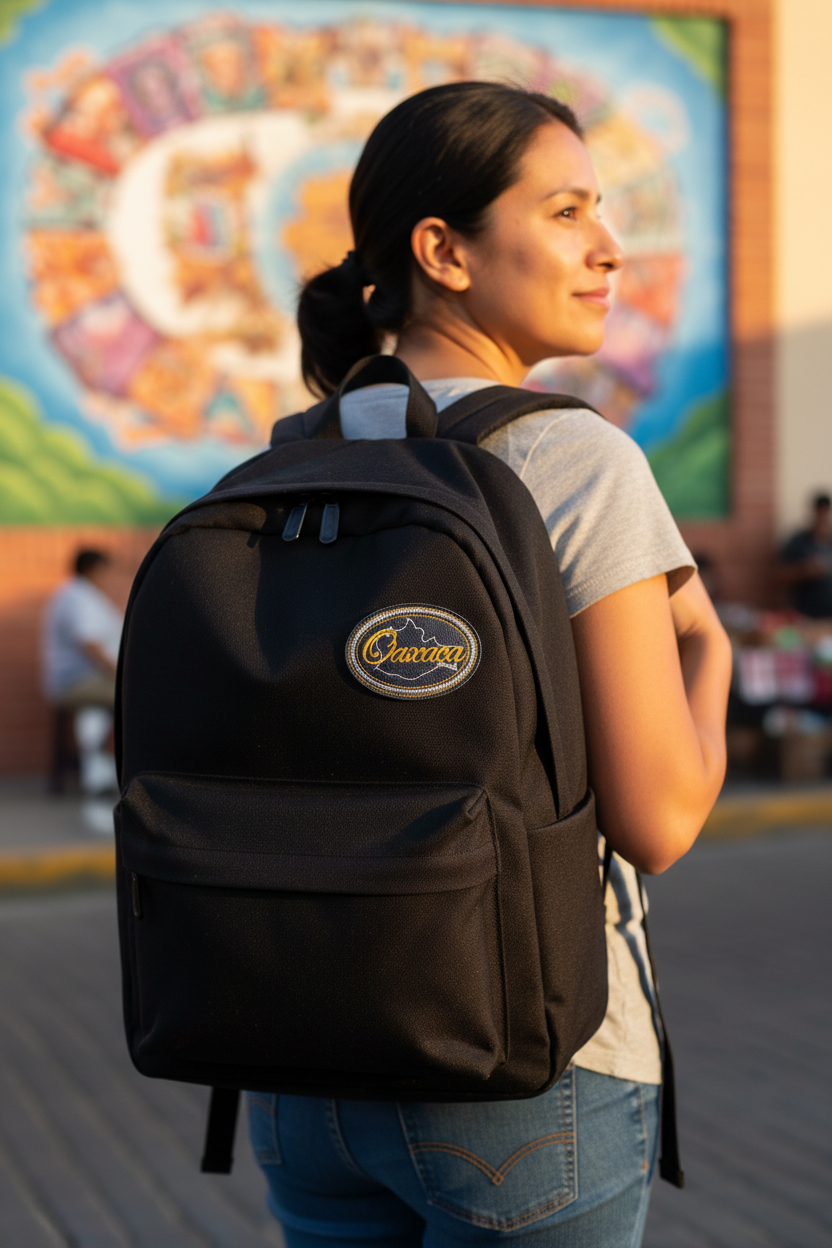 A woman wearing a gray t-shirt and blue jeans is shown from the back, carrying a black backpack with a circular 'Oaxaca' logo patch on the front. The background features a colorful mural on a brick wall, lit by warm golden hour sunlight.