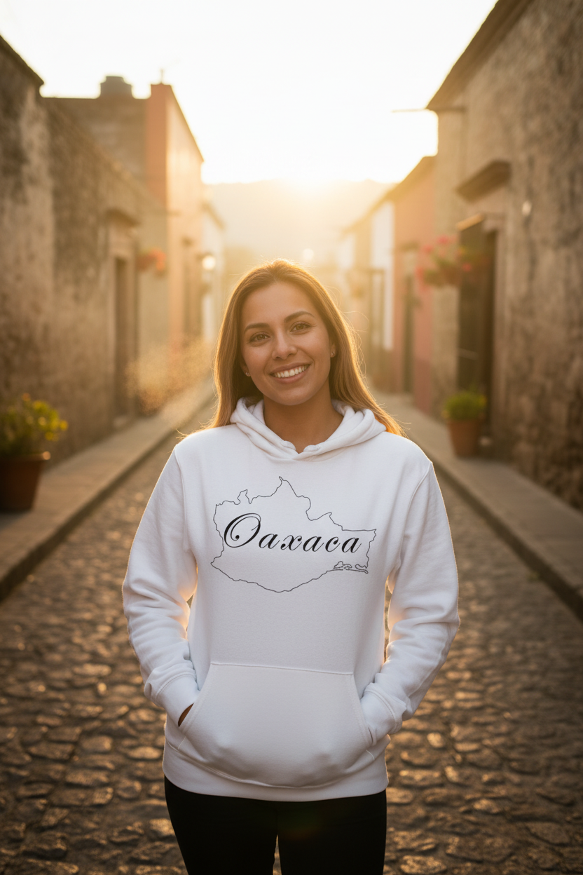 A person wearing a white unisex hoodie with 'Oaxaca' text on it.