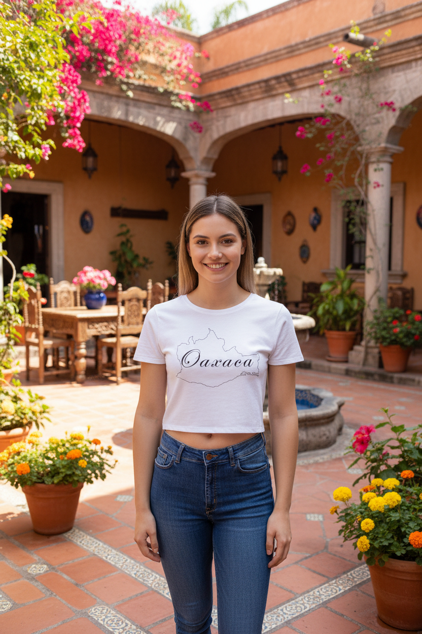 A woman wearing a white crop t-shirt with 'Oaxaca' text on it, paired with blue jeans.