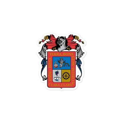 A sticker with the coat of arms of Aguascalientes, featuring a red shield with a blue sky and a white angel, against a white background.