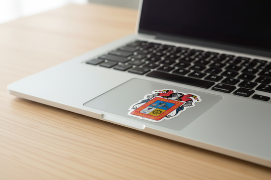 A sticker with the coat of arms of Aguascalientes, featuring a red shield with a blue sky and a white angel, on a laptop.
