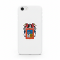 A sticker with the coat of arms of Aguascalientes, featuring a red shield with a blue sky and a white angel applied to a white phone case.