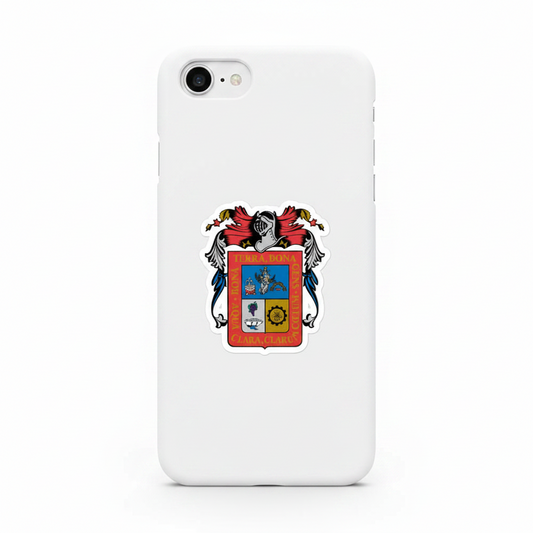A sticker with the coat of arms of Aguascalientes, featuring a red shield with a blue sky and a white angel applied to a white phone case.