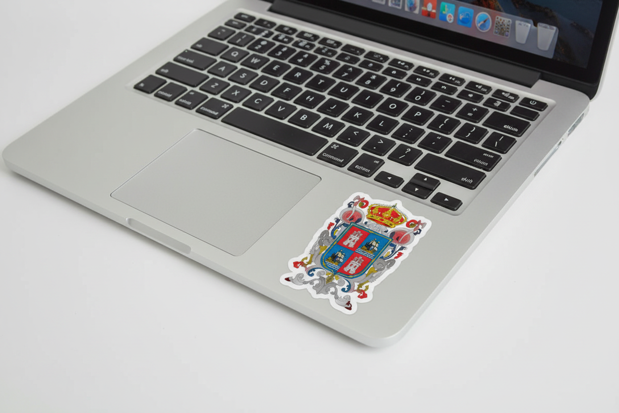 Official Coat of Arms of Campeche sticker applied next to the trackpad of a MacBook Pro.