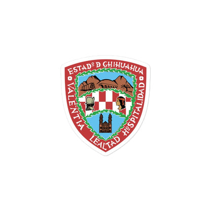 A die cut bubble-free sticker featuring the official coat of arms of Chihuahua, with a white background.