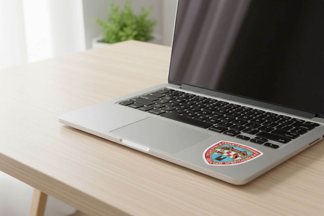 A die cut bubble-free sticker featuring the official coat of arms of Chihuahua, on top of a Mac Book and wooden table.