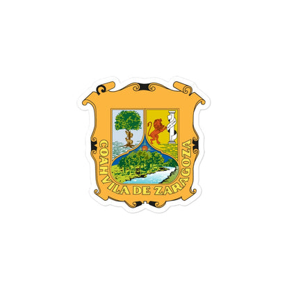 A die cut bubble free sticker with the official coat of arms of Coahuila, predominantly yellow with a depiction of a tree and the text 'COAHUILA DE ZARAGOZA'.