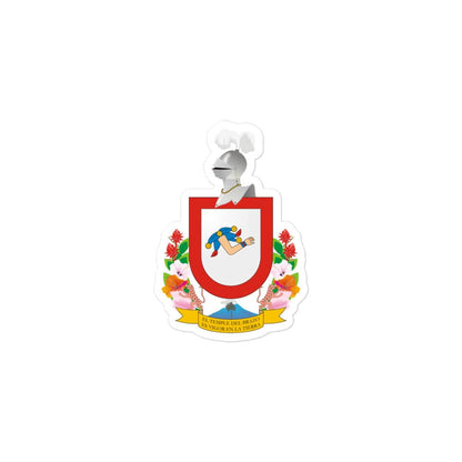A die cut bubble-free sticker featuring the official coat of arms of Colima, predominantly white in color with a shield, helmet, and floral elements.