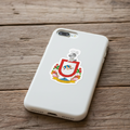 A die cut bubble-free sticker featuring the official coat of arms of Colima, predominantly white in color with a shield, helmet, and floral elements on an iPhone.