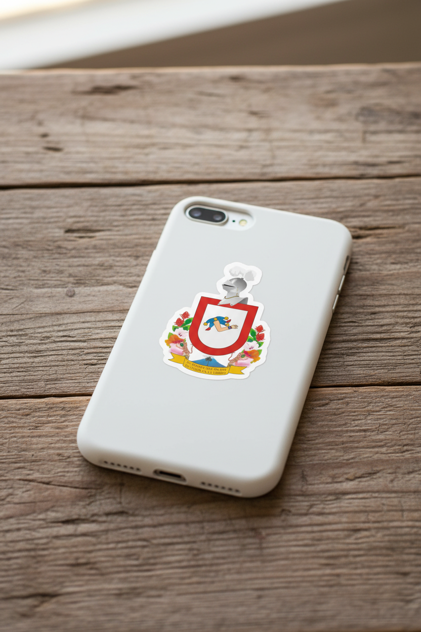 A die cut bubble-free sticker featuring the official coat of arms of Colima, predominantly white in color with a shield, helmet, and floral elements on an iPhone.