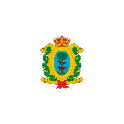 A sticker with the Official Coat of arms of Durango, featuring a yellow shield with a green tree, a red banner, and a crown on top, all set on a white background.