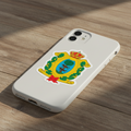 A sticker with the Official Coat of arms of Durango, featuring a yellow shield with a green tree, a red banner, and a crown on top, all set on a white background.