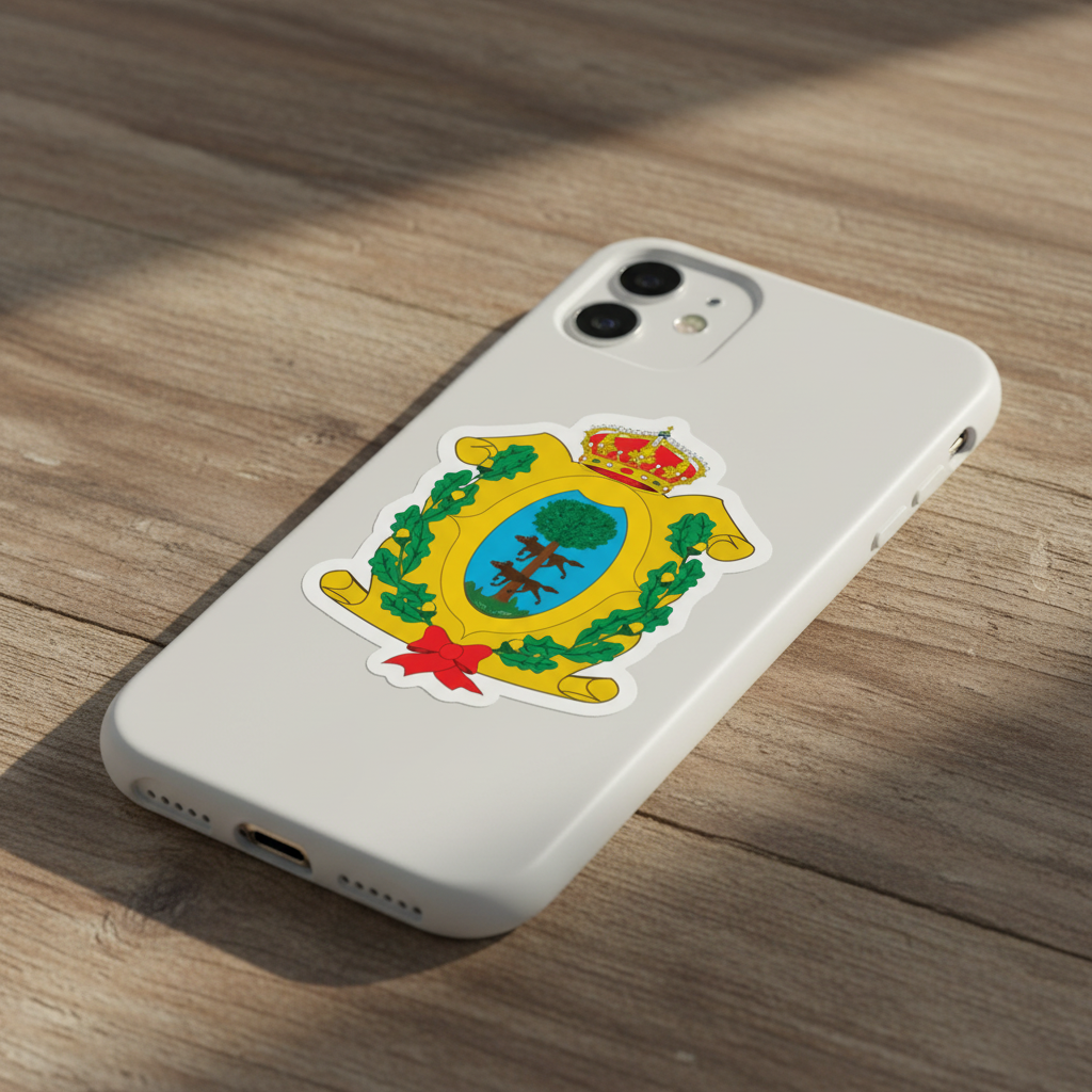 A sticker with the Official Coat of arms of Durango, featuring a yellow shield with a green tree, a red banner, and a crown on top, all set on a white background.