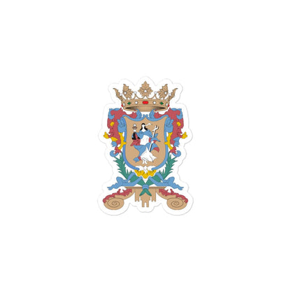 A sticker with the Official Coat of arms of Guanajuato, featuring a blend of white, blue, red, and yellow elements, including an animal and floral motifs.