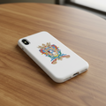 A sticker with the Official Coat of arms of Guanajuato, featuring a blend of white, blue, red, and yellow elements, including an animal and floral motifs. On a wooden table.