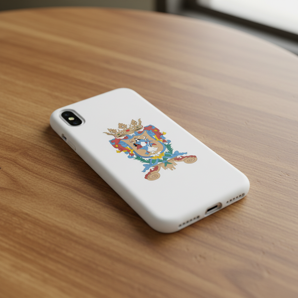 A sticker with the Official Coat of arms of Guanajuato, featuring a blend of white, blue, red, and yellow elements, including an animal and floral motifs. On a wooden table.
