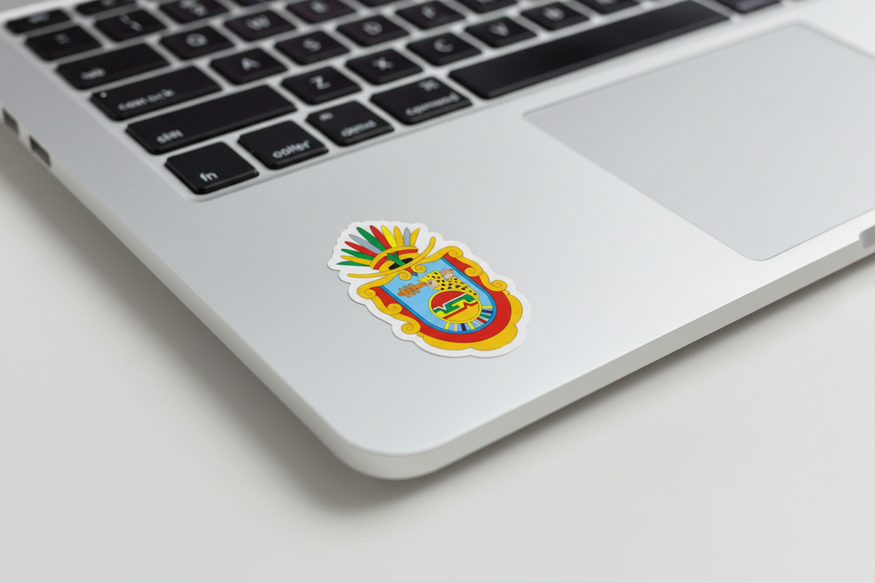 A die cut bubble-free sticker featuring the official coat of arms of Guerrero, predominantly white in color with a colorful emblem.