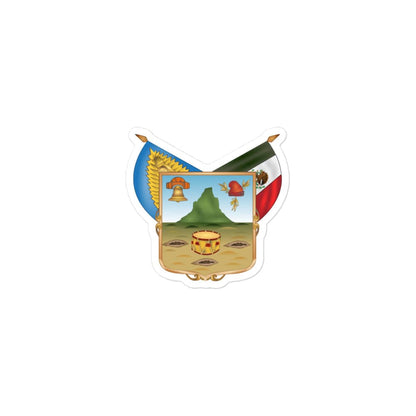 A sticker with the official coat of arms of Hidalgo, featuring a blue and white shield with a mountain, a helmet, and a golden emblem, against a white background.