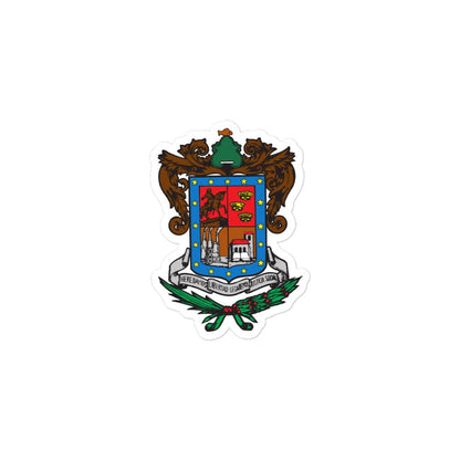 A sticker with the Official Coat of arms of Michoacan design, featuring a blue, red, and white color scheme with an emblem and floral elements.