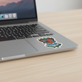 A sticker with the Official Coat of arms of Michoacan design, featuring a blue, red, and white color scheme with an emblem and floral elements.