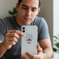  Man indoors holding a smartphone with a die-cut bubble-free sticker of the official coat of arms of Morelos, Mexico — featuring a shield with the phrase “Tierra y Libertad,” symbolizing the state’s values of land and freedom.